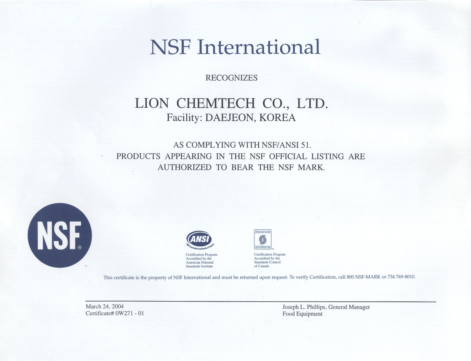 Lion Chemtech Co. Ltd. NSF/ANSI 51 -standardin mukaisuus